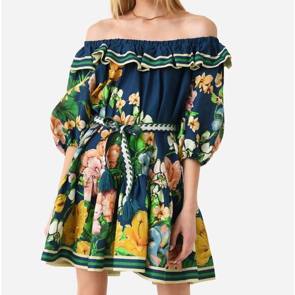 ALEMAIS Navy Floral Linen Mini Dress Size 4 - Picture 2 of 10